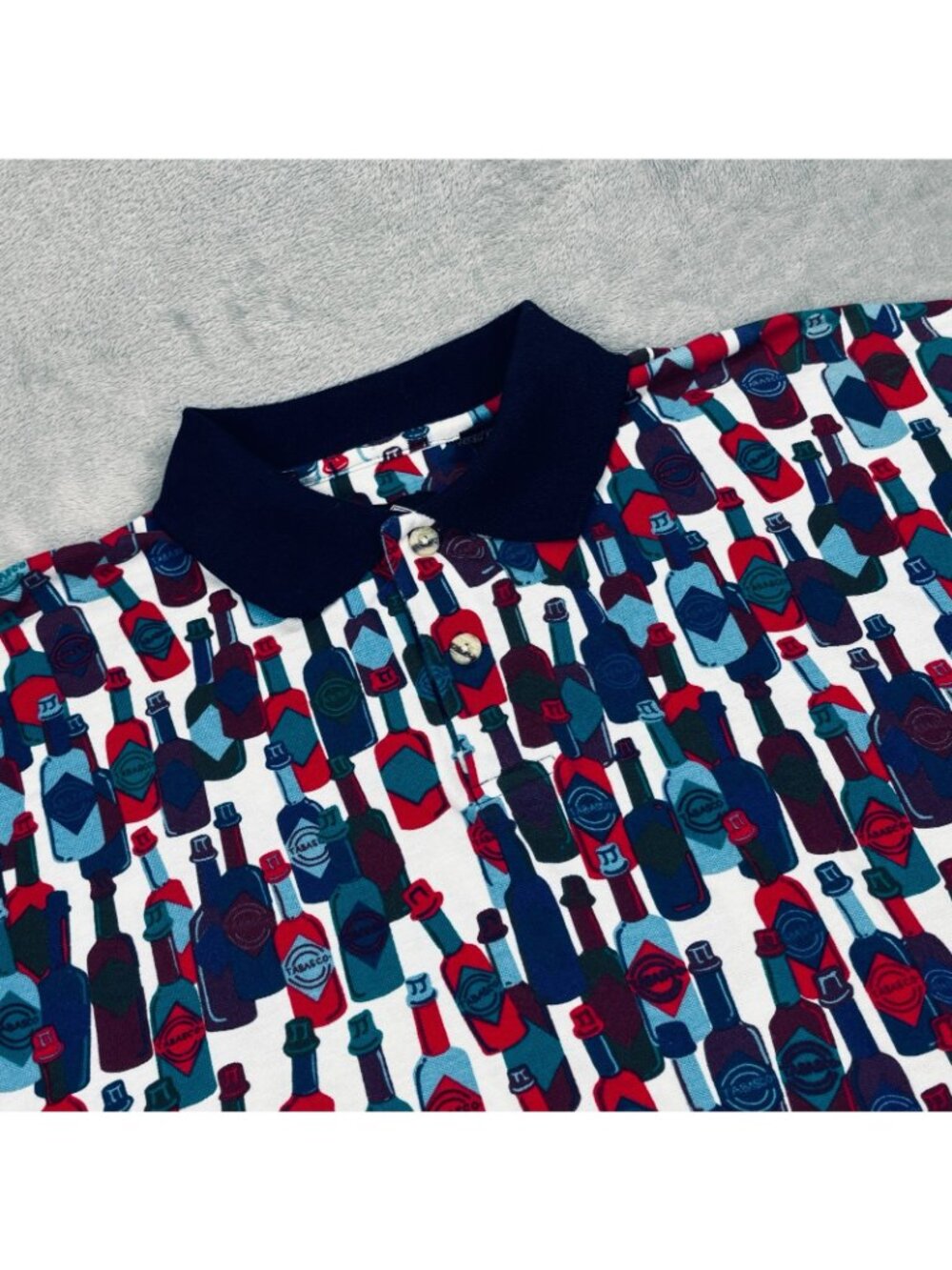 Vintage Tabasco Polo Shirt Mens Large Blue Red All-Over Print Chili Sauce Golf